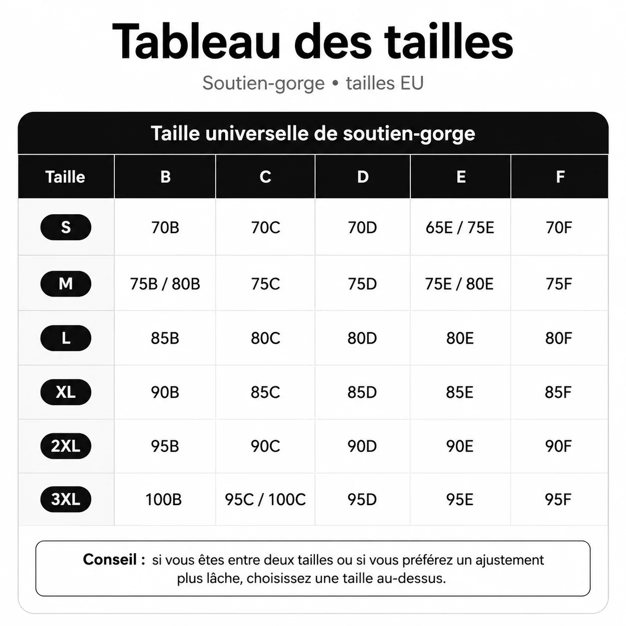 Guide des tailles soutien-gorge gel