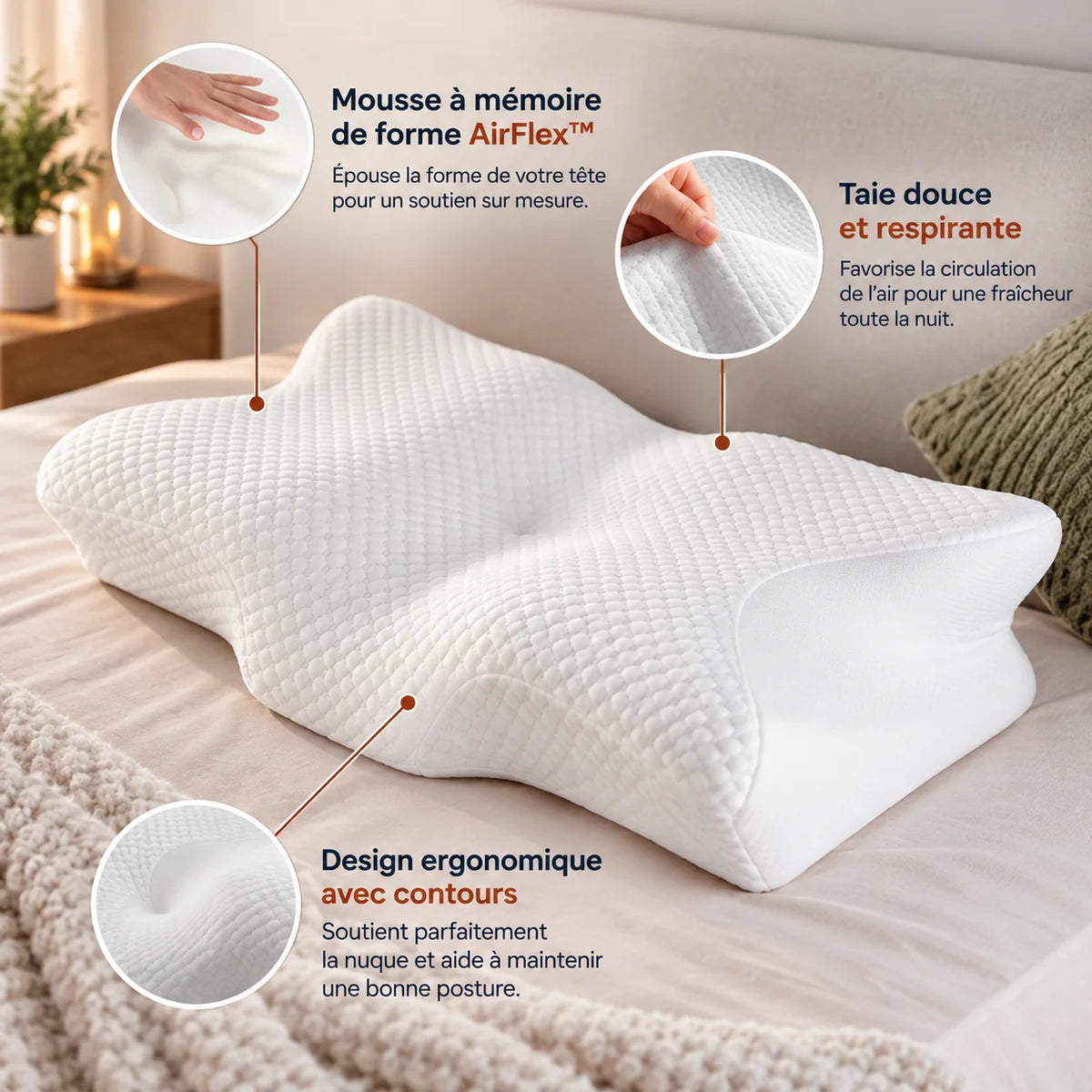 Mousse à mémoire de forme, taie respirante et design ergonomique