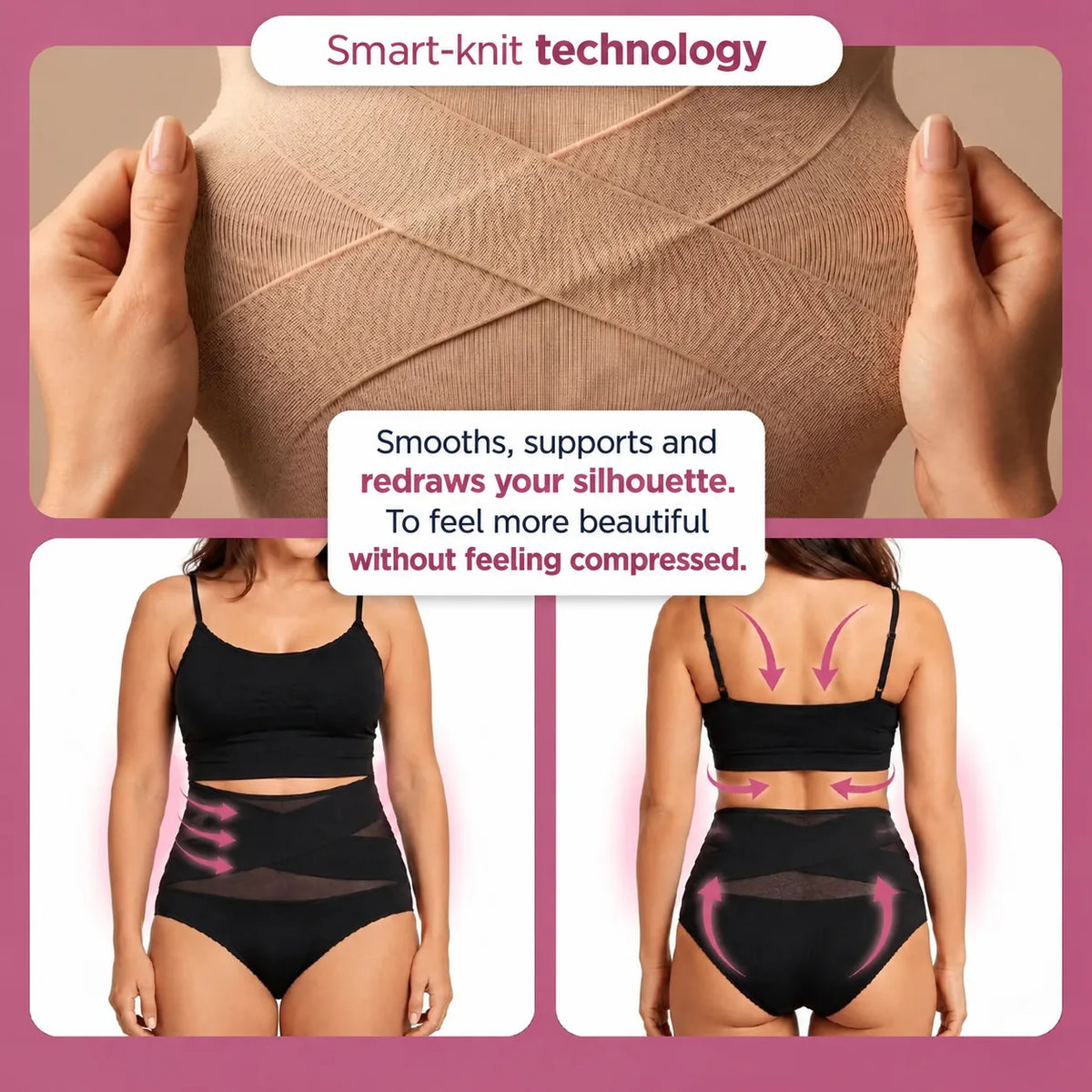 Smart-knit technology — crossed band that smooths and supports