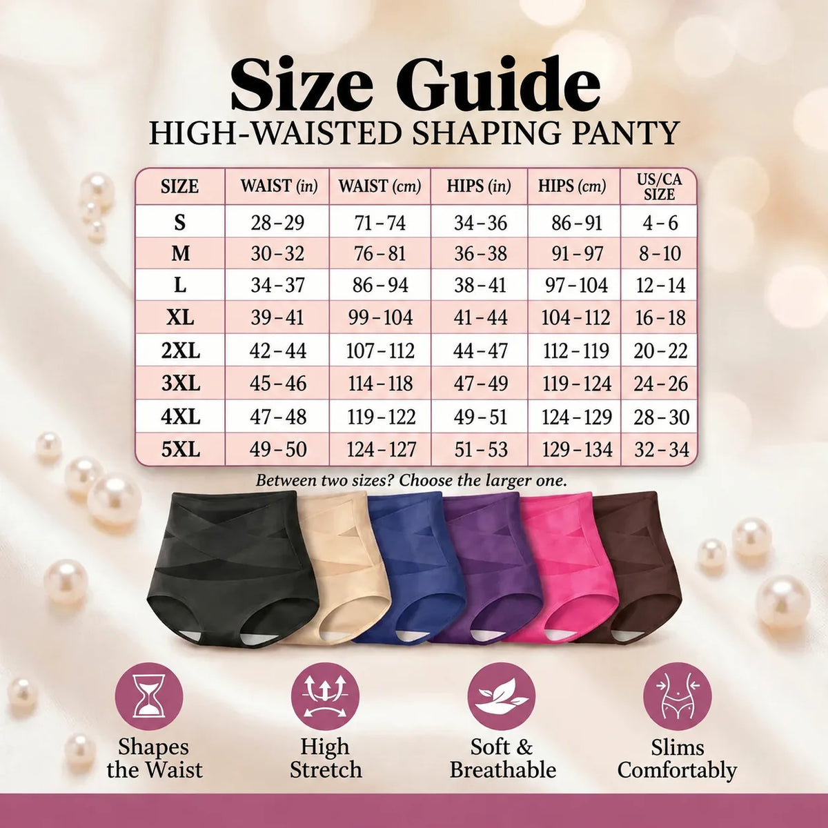 Size guide — high-waisted shaping panty, sizes S to 5XL